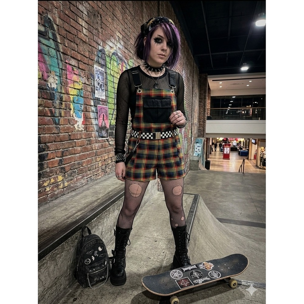 Hot Topic Rainbow Overalls Shorts Whimsigoth Mall Goth Skater Grunge Size Small